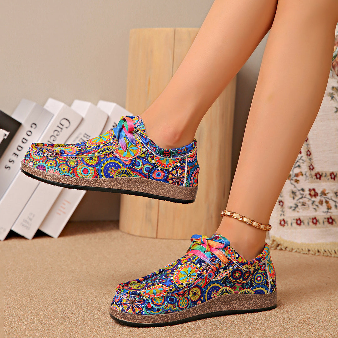 Ladies Comfortable Platform Slippers in Ethno Print with Cork Look Sole Mune Fashion