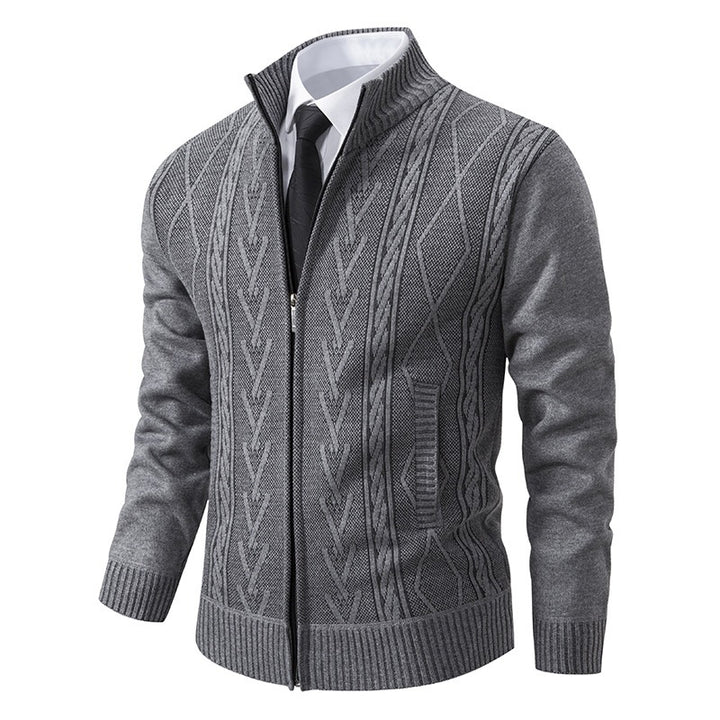 Men's fine-knit zip jacket with geometric jacquard pattern, stand-up collar, and side pockets Mune Fashion