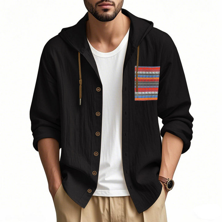 Men's lightweight hooded shirt jacket made of structured cotton blend with ethnic chest pocket and button placket Mune Fashion