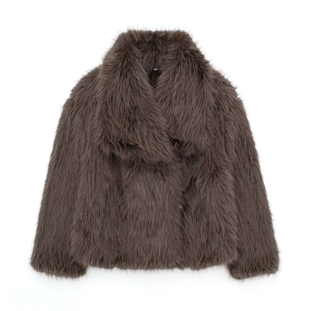 Women Short Faux Fur Jacket with Voluminous Shawl Collar Mune Fashion
