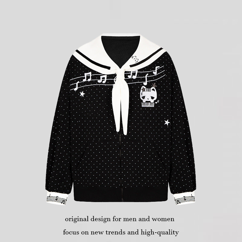 Women's zip-up sweat jacket in sailor style with bow collar, polka dot and music motif Mune Fashion