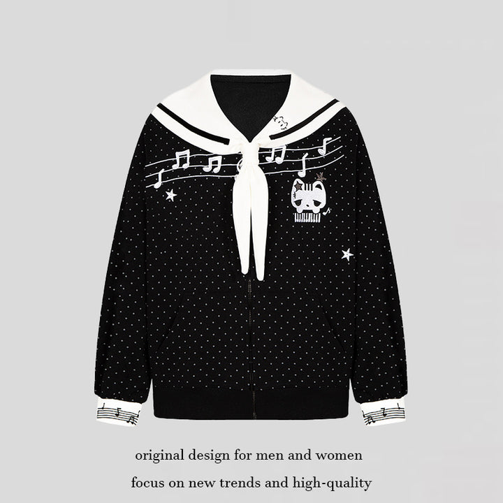 Women's zip-up sweat jacket in sailor style with bow collar, polka dot and music motif Mune Fashion