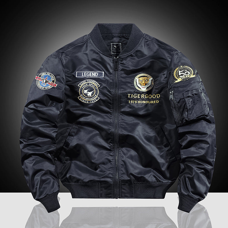 Men's Embroidered Nylon Bomber Jacket in Pilot Style with Tiger Motorcycle Design Mune Fashion