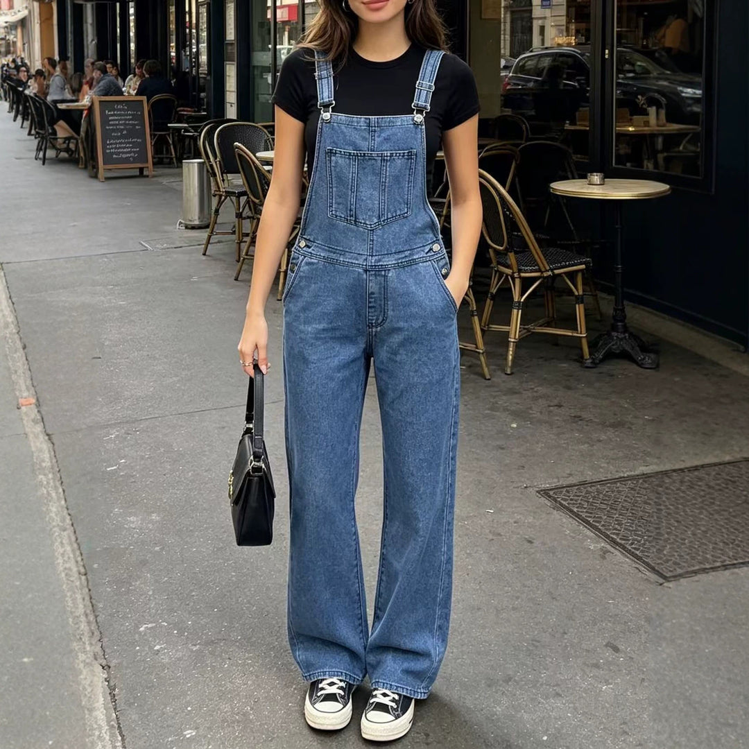 Women's wide denim overalls with high waist, adjustable straps and casual flared legs Mune Fashion