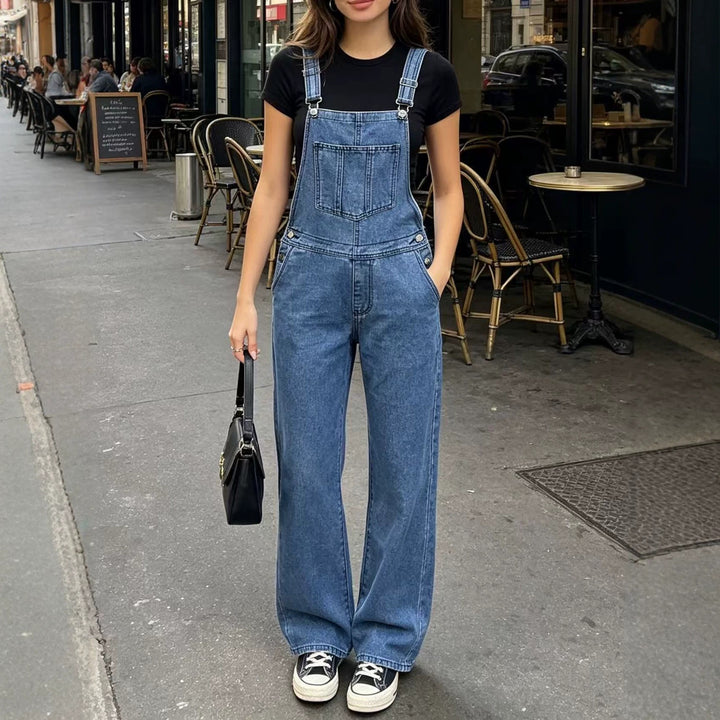 Women's wide denim overalls with high waist, adjustable straps and casual flared legs Mune Fashion