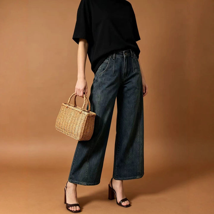 Women high waist pleated wide leg denim pants with cropped leg and decorative front pleats Mune Fashion