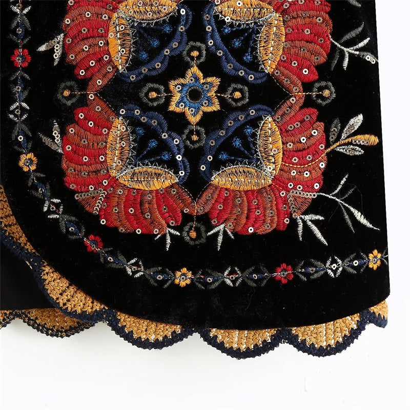 Women's Embroidered Velvet Vest with Folk Bead Embroidery and Curved Hem Mune Fashion