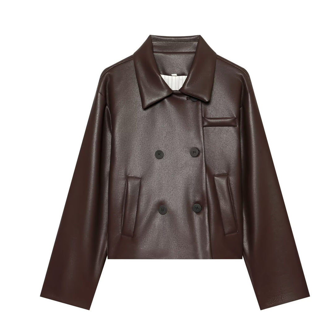 Women's Short Faux Leather Blouson with Double-Breasted Button Placket and Boxy Silhouette Mune Fashion