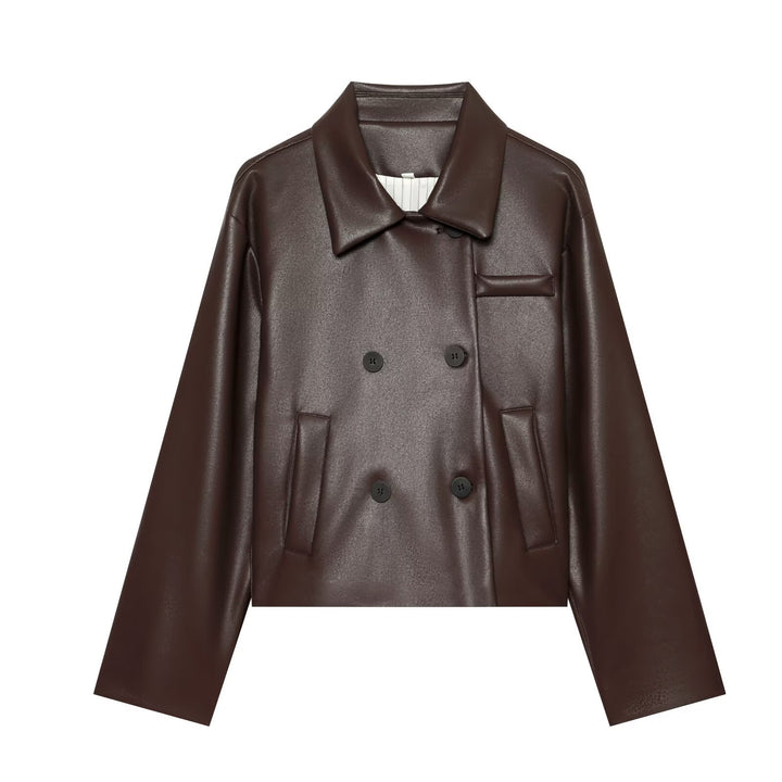 Women's Short Faux Leather Blouson with Double-Breasted Button Placket and Boxy Silhouette Mune Fashion