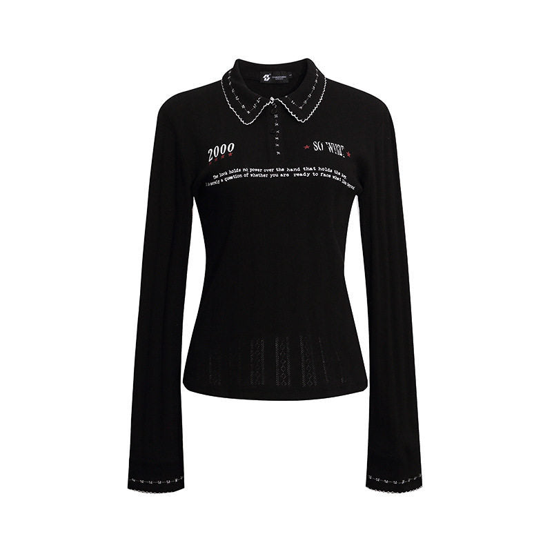 Ladies fine ribbed polo shirt with pointed collar, button placket and decorative embroidery Mune Fashion