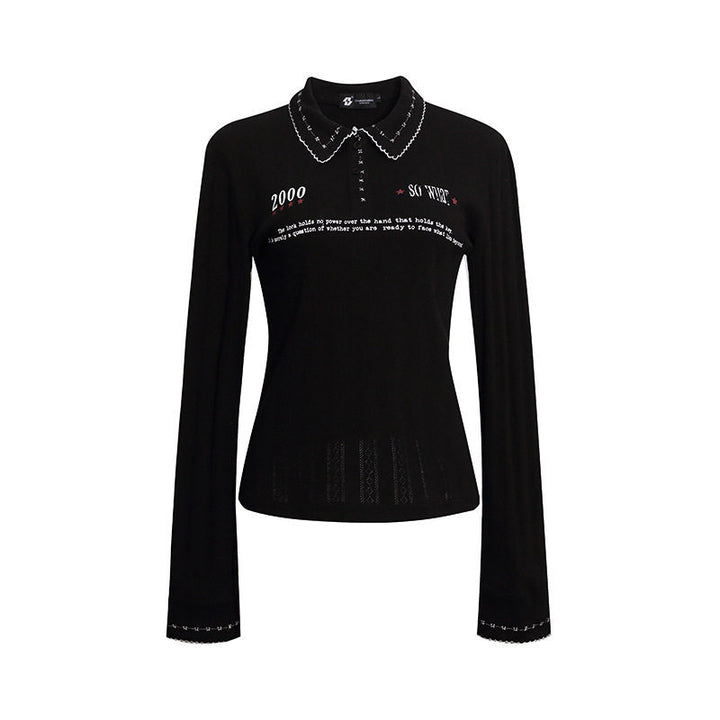 Ladies fine ribbed polo shirt with pointed collar, button placket and decorative embroidery Mune Fashion