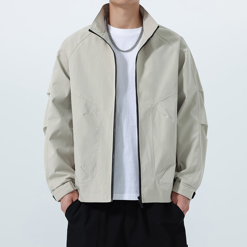 Men's Lightweight Utility Transitional Jacket with Stand Collar, Raglan Sleeves, and Adjustable Velcro Cuffs Mune Fashion
