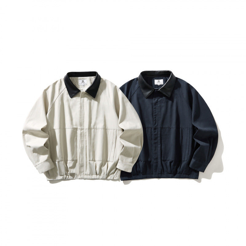 Men's short-cut canvas jacket with imitation leather collar and elastic hem Mune Fashion