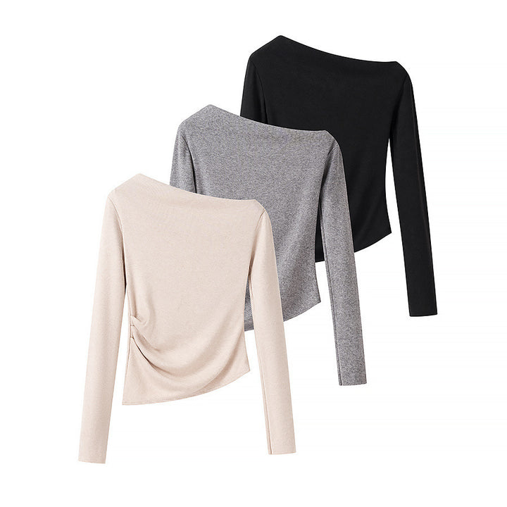 Women Asymmetric One-Shoulder Long Sleeve Top with Ruching Mune Fashion