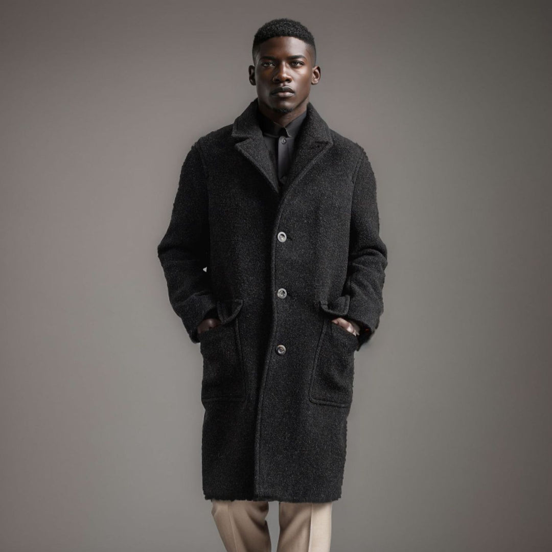 Men's Mid-Length Teddy Wool Coat with Patch Pockets and Stand Collar Mune Fashion