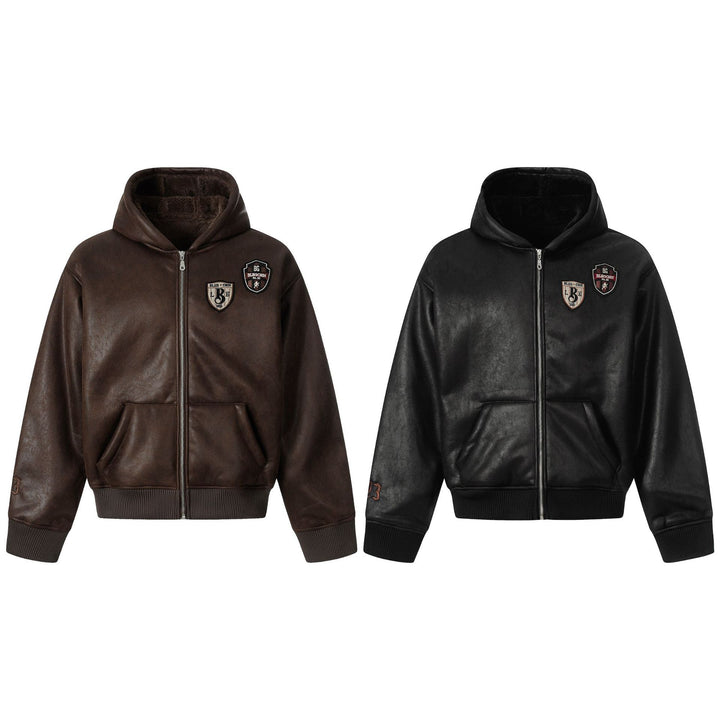 Men's hooded leather jacket with teddy lining and ribbed cuffs Mune Fashion