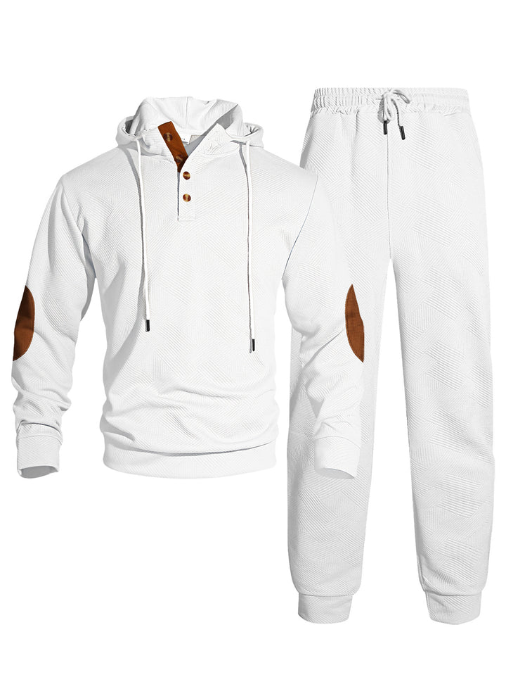 Men's waffle structure Henley hoodie set with wooden button placket elbow patches and tapered joggers Mune Fashion