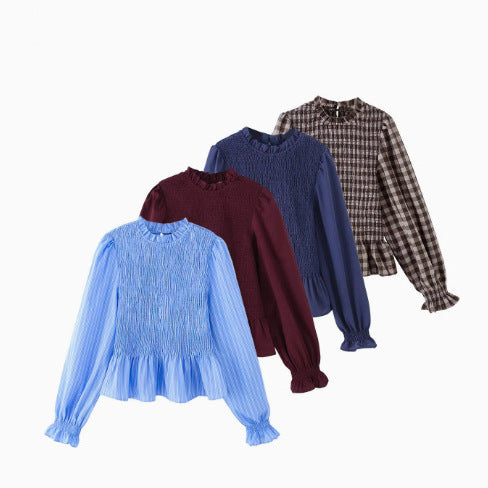 Women 10+ lightweight smock blouse shirt with ruffle collar, balloon sleeves and peplum Mune Fashion