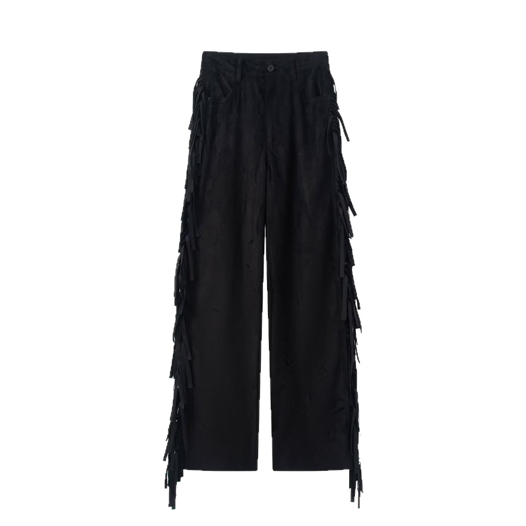 Women Wide High-Waist Flared Trousers with Side Fringes and Suede Look Mune Fashion