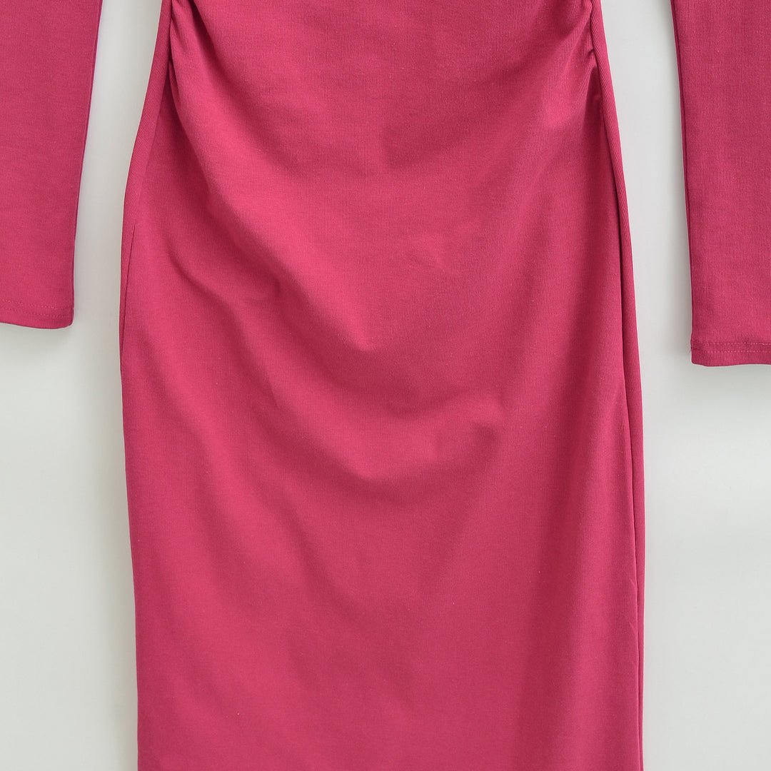 Women Figure-hugging Midi Dress with Gathering and Boat Neck Mune Fashion