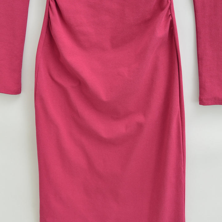 Women Figure-hugging Midi Dress with Gathering and Boat Neck Mune Fashion