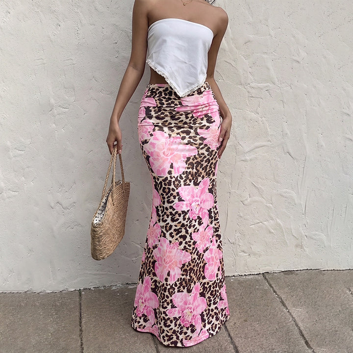 Women Figure-hugging Maxi Skirt in Mermaid Cut with Flower Leopard Print Mune Fashion