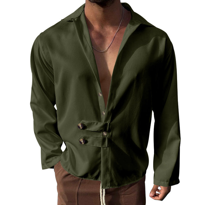Men's modern long-sleeved shirt with deep neckline and asymmetrical strap look Mune Fashion