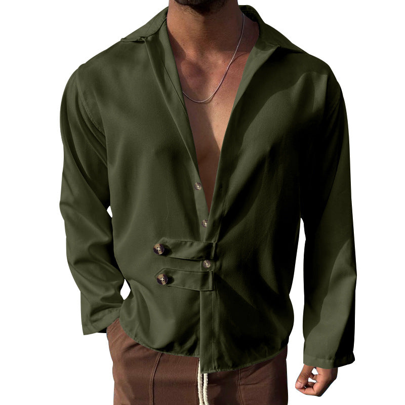 Men's modern long-sleeved shirt with deep neckline and asymmetrical strap look Mune Fashion