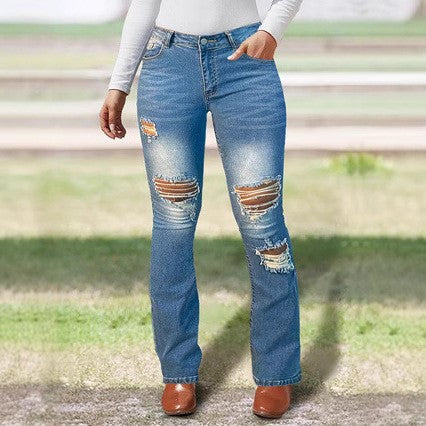 Women's Bootcut Jeans with Knee Rips made of Stretch Denim and Mid Rise Mune Fashion