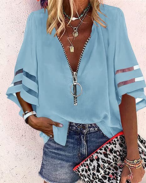 Women V-neck blouse with decorative ring zipper and cut-out sleeves Mune Fashion