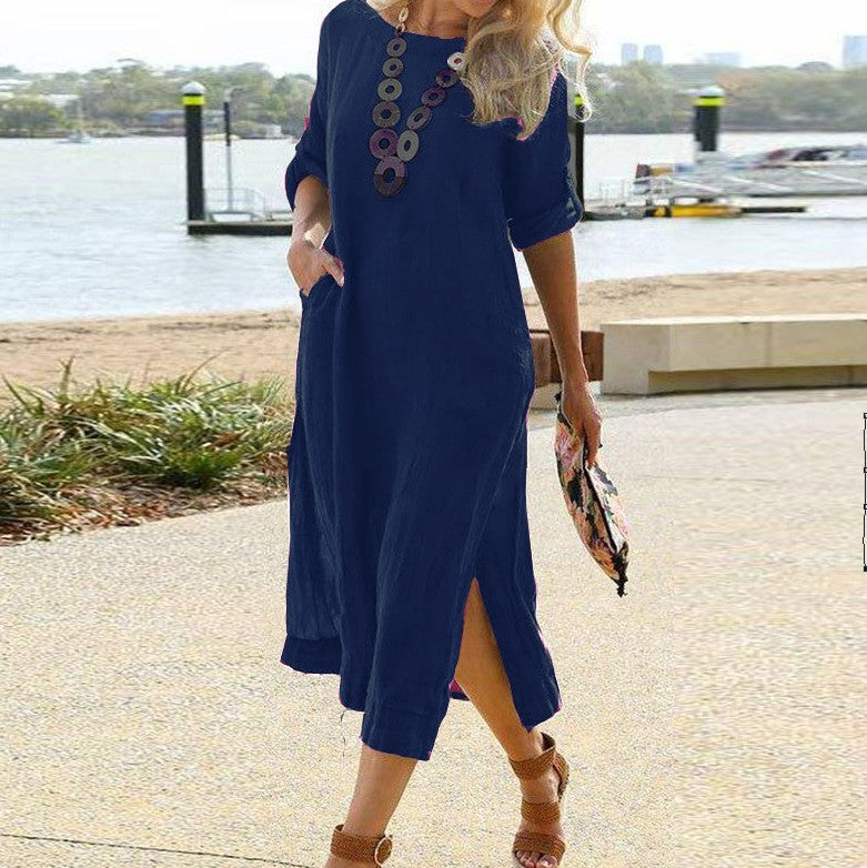 Women Linen Look Midi Dress with Side Slits, Patch Pockets and Three-Quarter Sleeves Mune Fashion
