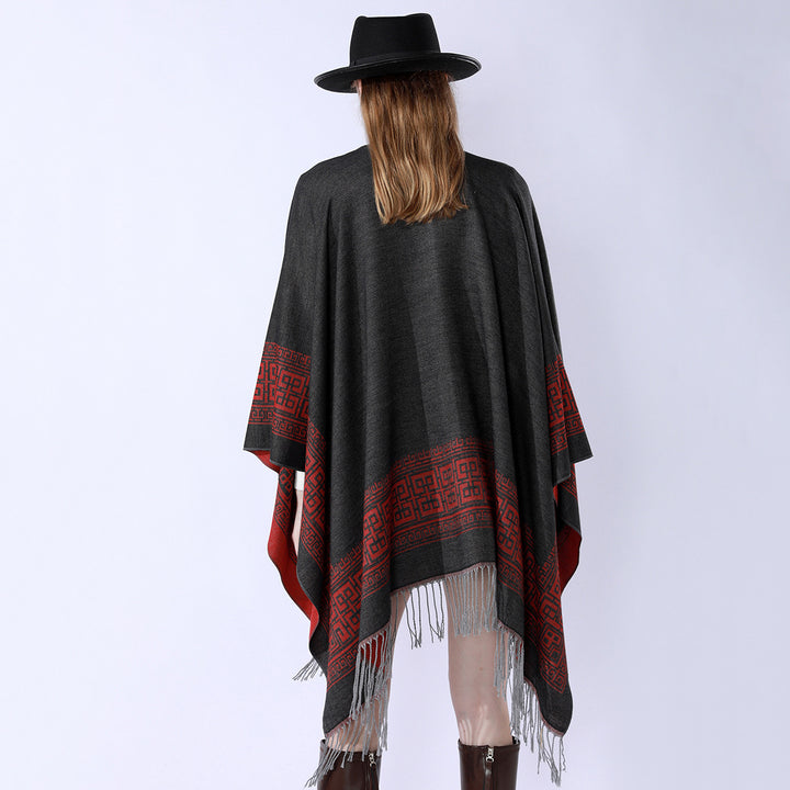 Women's Reversible Wool Blend Kimono Style Wrap with Ornamental Border and Decorative Fringes