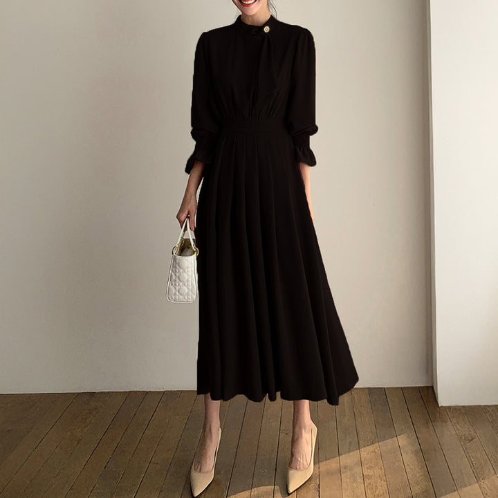 Women's midi dress with standing collar, bow panel and gathered waist Mune Fashion