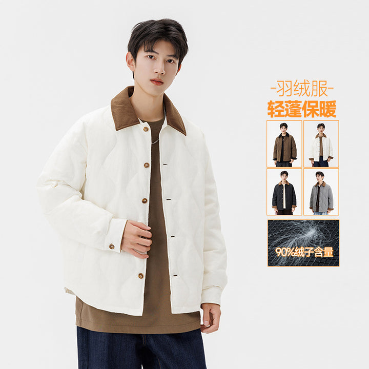 Men's Quilted Padded Jacket with Corduroy Collar and Button Placket Drune
