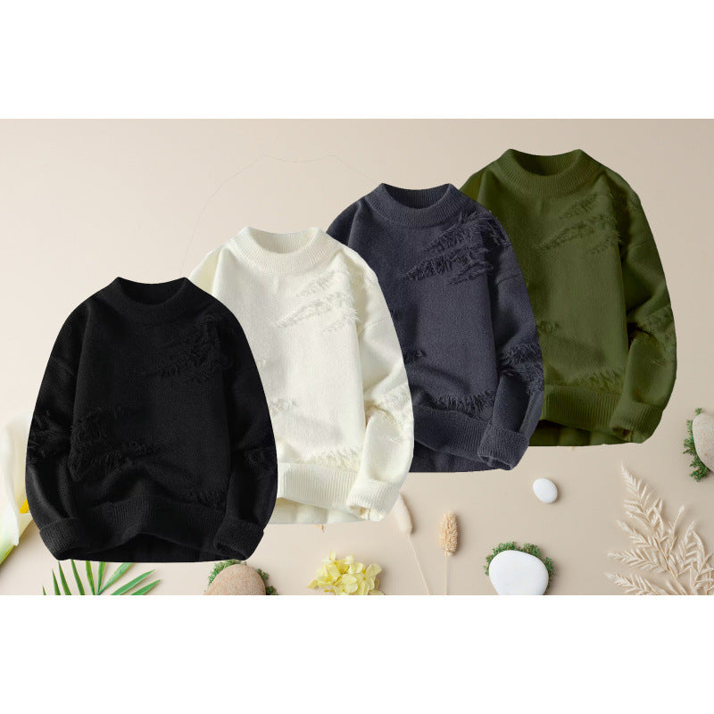 Women's Short Cut Cozy Knit Sweater with Fringe Inserts and High Collar Mune Fashion