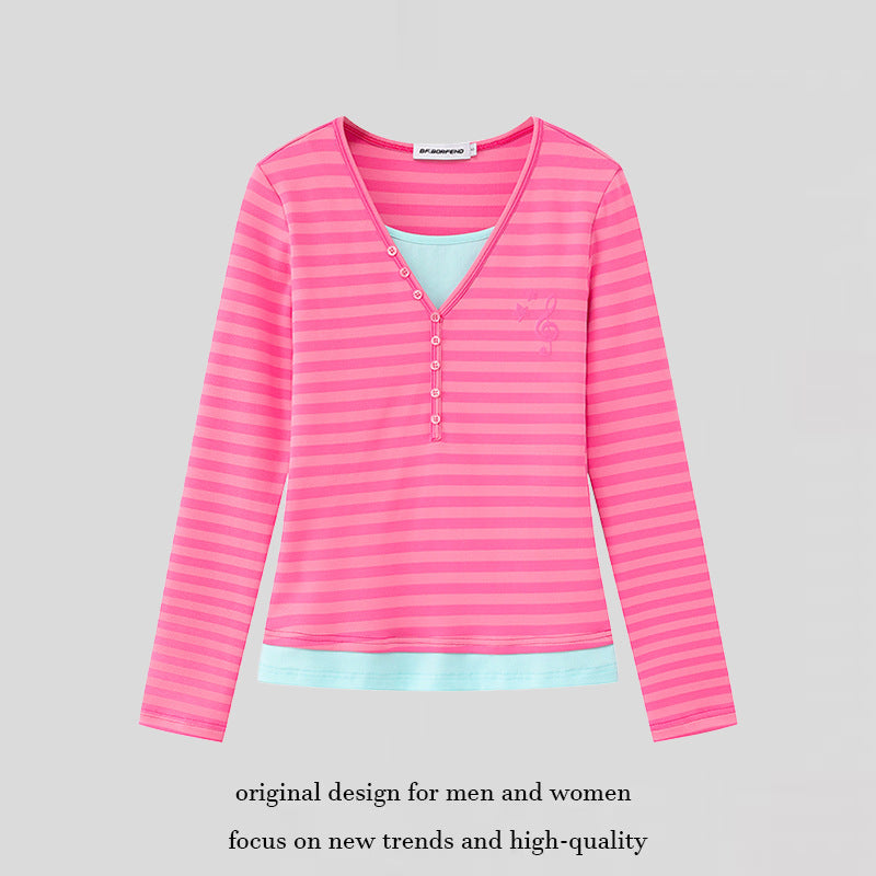 Women’s Layered Long Sleeve Shirt with Henley Button Placket and Contrasting Underlayer Mune Fashion