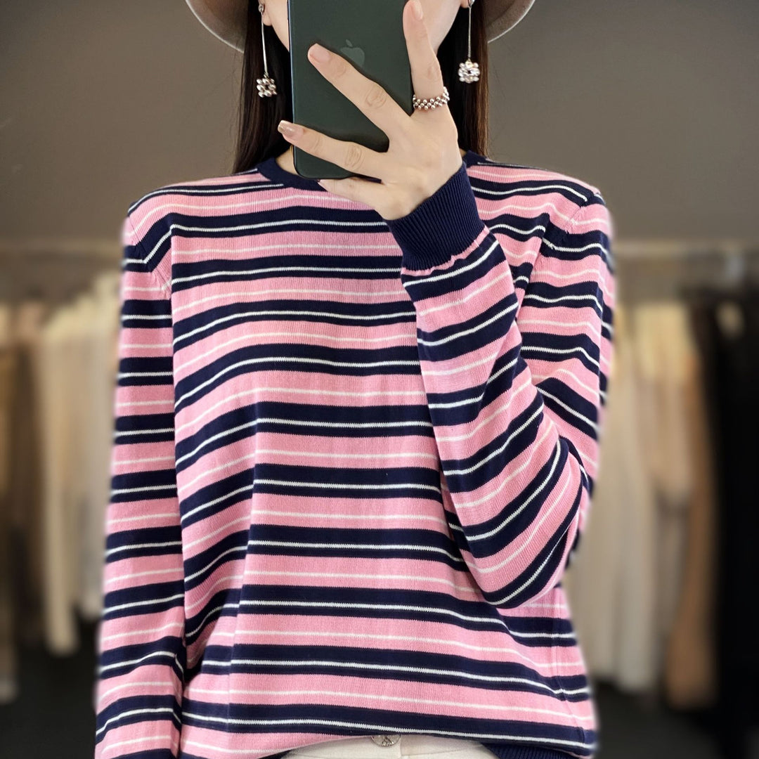 Women's Casual Stripe Fine Knit Sweater with Boxy Silhouette and Contrasting Ribbed Cuffs Mune Fashion