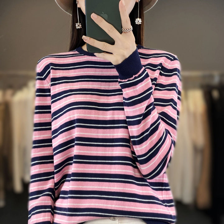 Women's Casual Stripe Fine Knit Sweater with Boxy Silhouette and Contrasting Ribbed Cuffs Mune Fashion