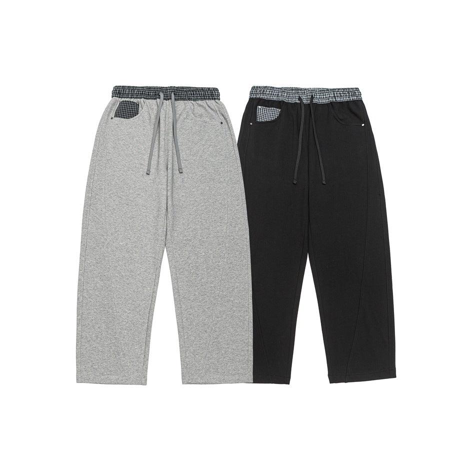 Women's Light Sweatpants with High Elastic Waistband, Check Pattern Trim and Wide Cropped Cut Mune Fashion
