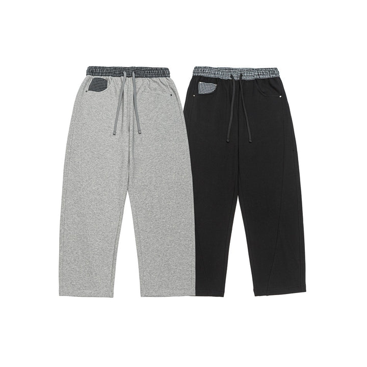 Women's Light Sweatpants with High Elastic Waistband, Check Pattern Trim and Wide Cropped Cut Mune Fashion