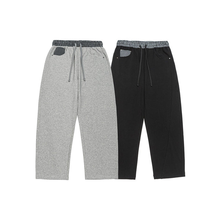 Women's Cropped Relaxed Jogging Pants with Elastic Drawstring, Check Detail and Decorative Seams