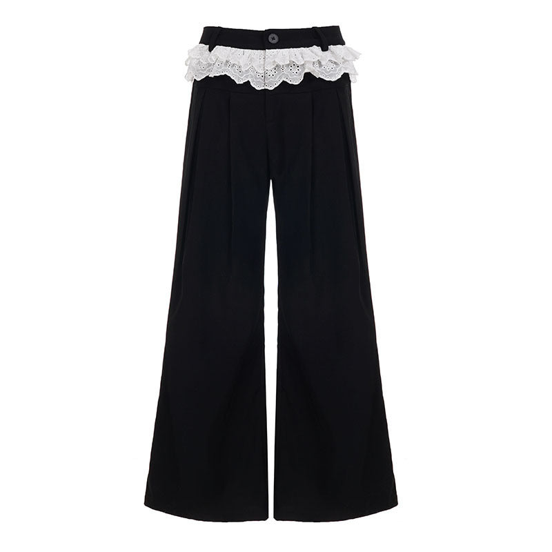 Women's Palazzo Pants with High Waist and Decorative Lace Ruffle Mune Fashion