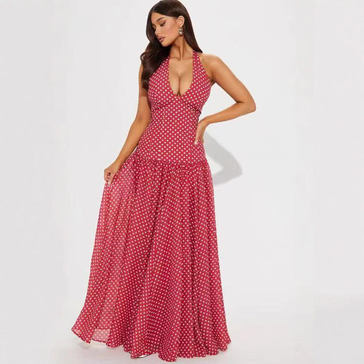 Ladies long halter dress with deep V-neck, tailored empire seam and flared layered skirt Mune Fashion