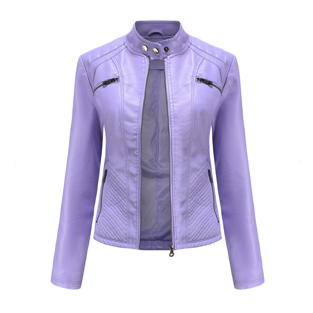 Women tailored biker jacket made of faux leather with quilted panels and stand-up collar Mune Fashion