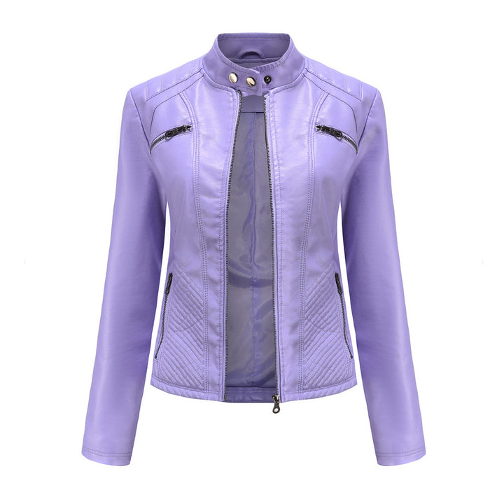 Women tailored biker jacket made of faux leather with quilted panels and stand-up collar Mune Fashion