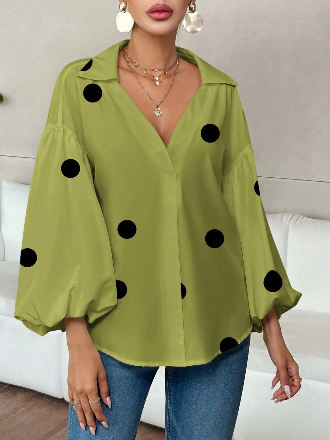 Women’s oversized blouse with voluminous puff sleeves and polka dot pattern Mune Fashion