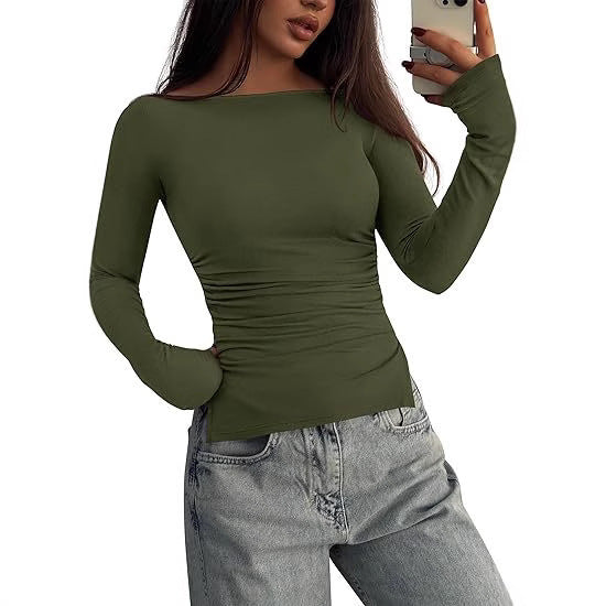 Women's Fitted Long Sleeve Top with Wide Boat Neck, Side Gathering and Extended Sleeve Cuffs Mune Fashion