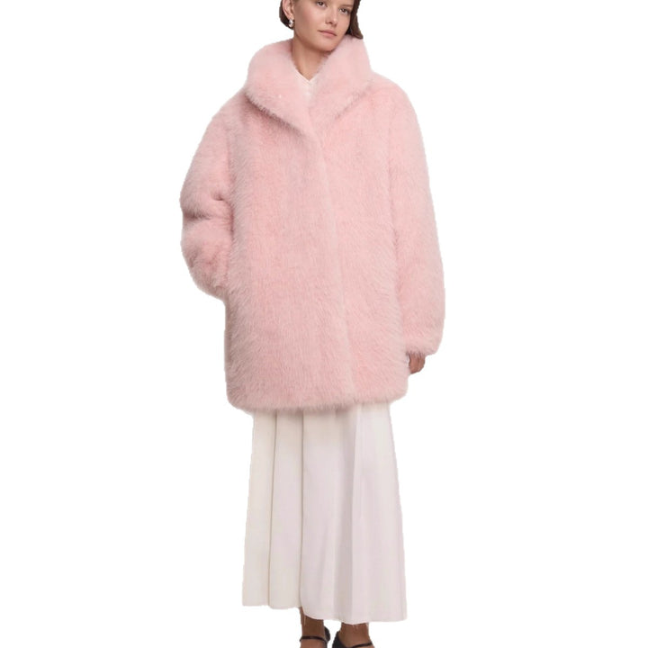 Women's Mid-length fluffy teddy faux fur coat with standing shawl collar Mune Fashion