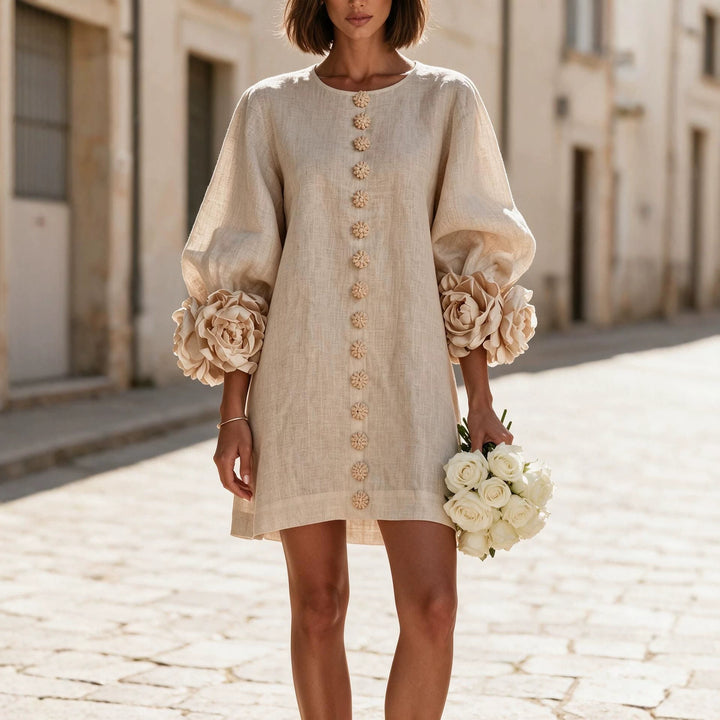 Ladies short dress made of linen with voluminous balloon sleeves and 3D flower cuffs Mune Fashion