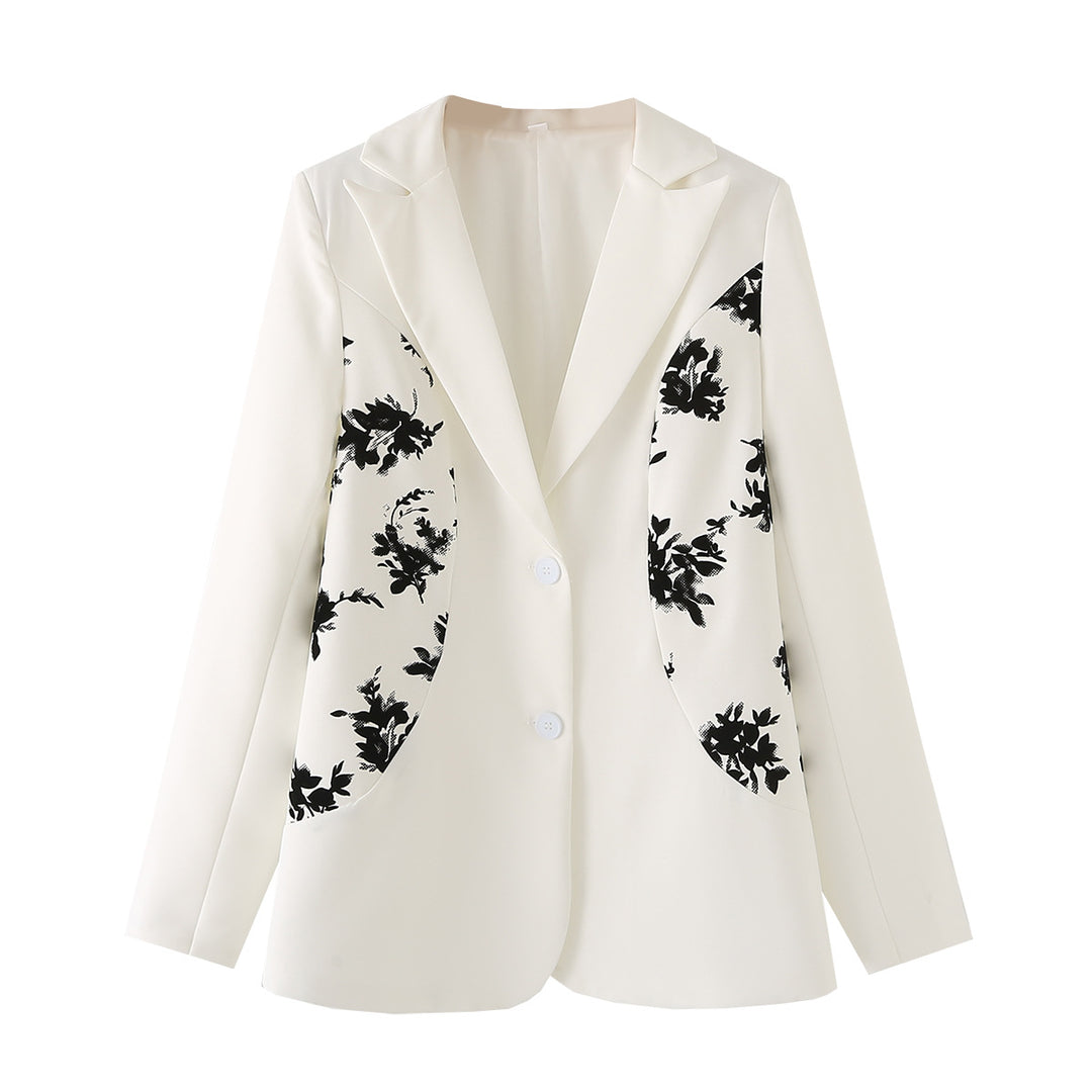 Women's tailored single-breasted blazer with contrasting floral side panels and softly flowing silhouette Mune Fashion